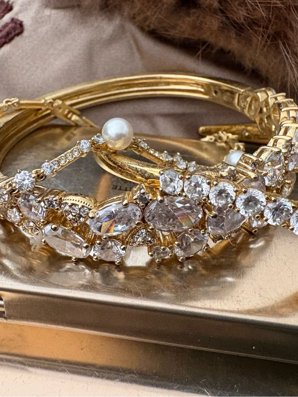 3  Gold-Tone Bracelets 2 Crystal and 1 Pearl & Crystal